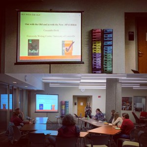 two photos, stacked horizontally. Top photo is of a portable screen with a Power Point slide that says "Out with the Old, In with the New." Bottom photo is taken from the back of the room with the screen. A woman stands in front of horse shoe arranged tables with six people watching her